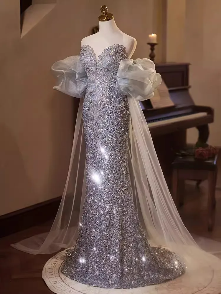 Robe de Soirée de Forme Sirène à Paillettes pour Femme, Tenue de Bal de Luxe, Longueur au Sol, avec Lacets, Image Réelle