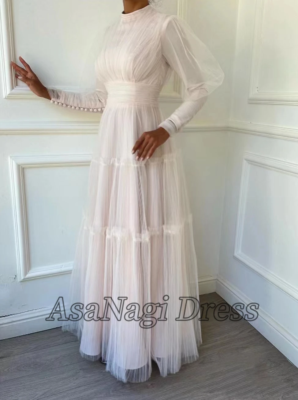 

AsaNagi Custom Tulle Evening Dresses A Line O Neck Long Sleeve Women Elegant Simple Party Dress 2023 vestidos de noche