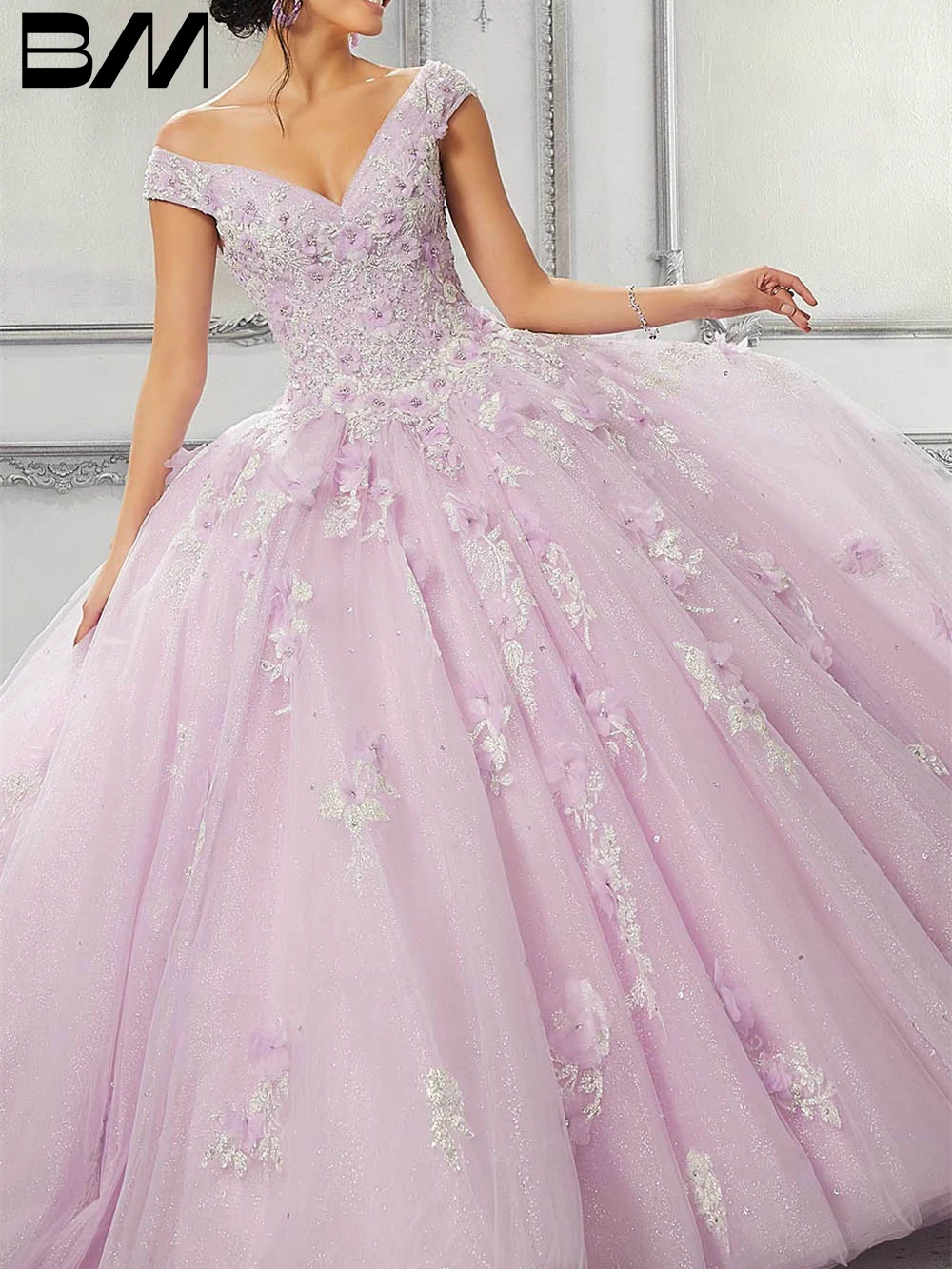 Quinceanera-Kleid mit 3D-Blumenapplikationen, 2023, schulterfrei, Tüll, Ballkleid, Cocktailkleider, Partykleid, Abendkleid, Vestidos De