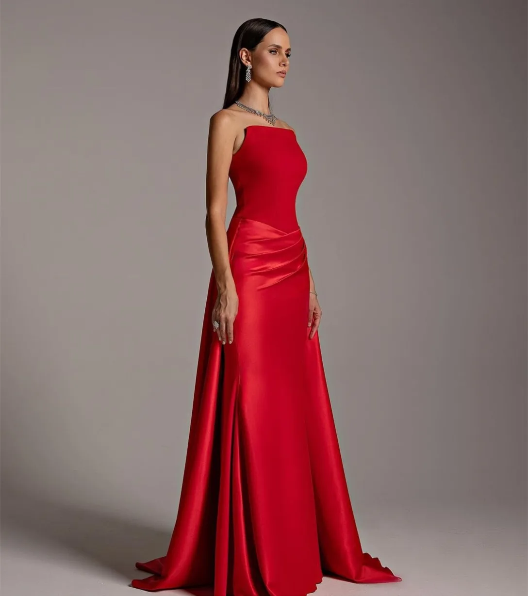 Elegant Long Red Satin Evening Dresses with Train Sheath Strapless Zipper Back Floor Length Prom Dresses for Women