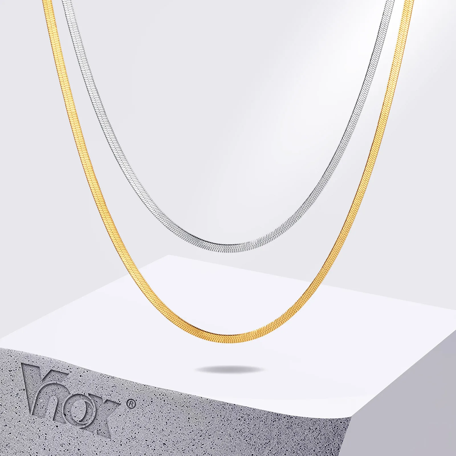 Vnox 35cm-40cm Choker Necklaces for Girls,Adjustable Stainless Steel Flat Snake Chain,Herringbone Links Collar Gift for Daughter