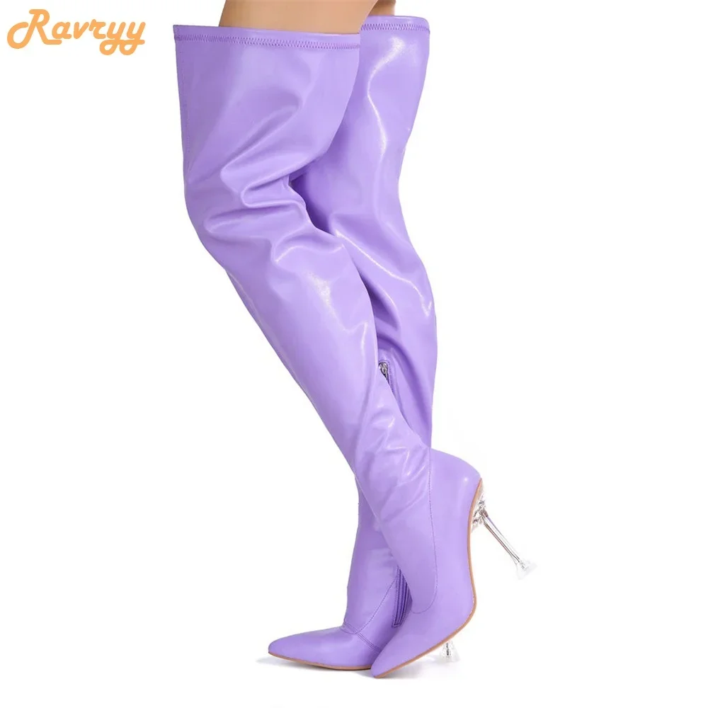 

Clear Wine Glass Heel Leather Boots Side Zipper Pointed Over Knee Boots Women Fashion Plus Size Pant Boots Purple Sexy Long Boot
