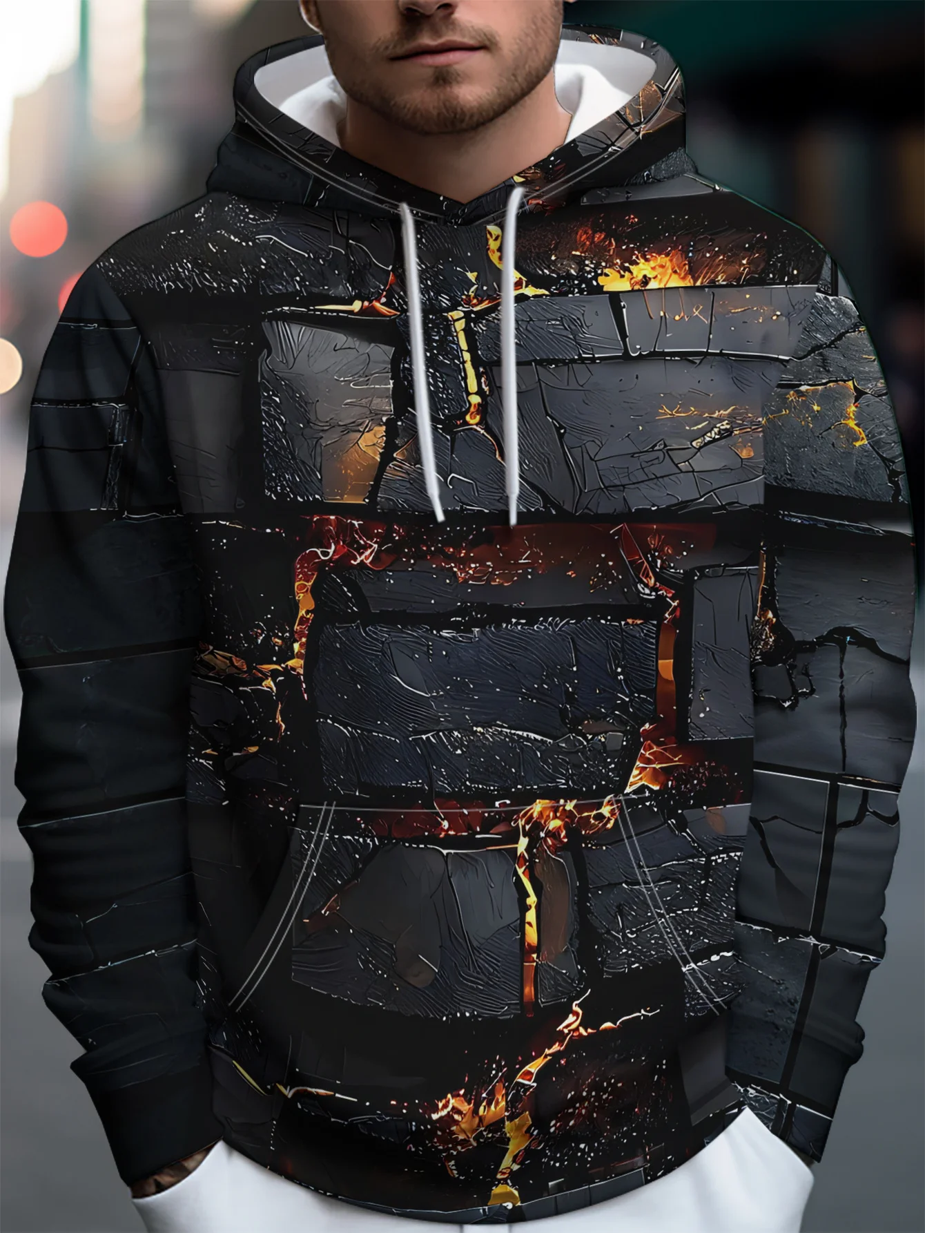 Men's Hoodie Autumn 3D Print Cracked Brick Wall Lava Flame Art Pullover Streetwear Casual Sweatshirt Men Clothing