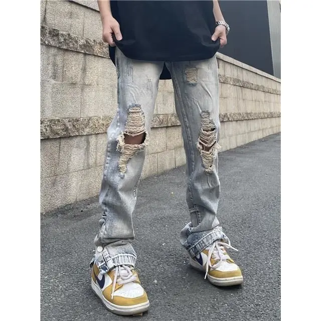 

Straight Jeans Man Vintage Wash Denim Pants Spring Autumn Boyfriend Holes Jeans Men Streetwear Cacual Designer Trousers A32