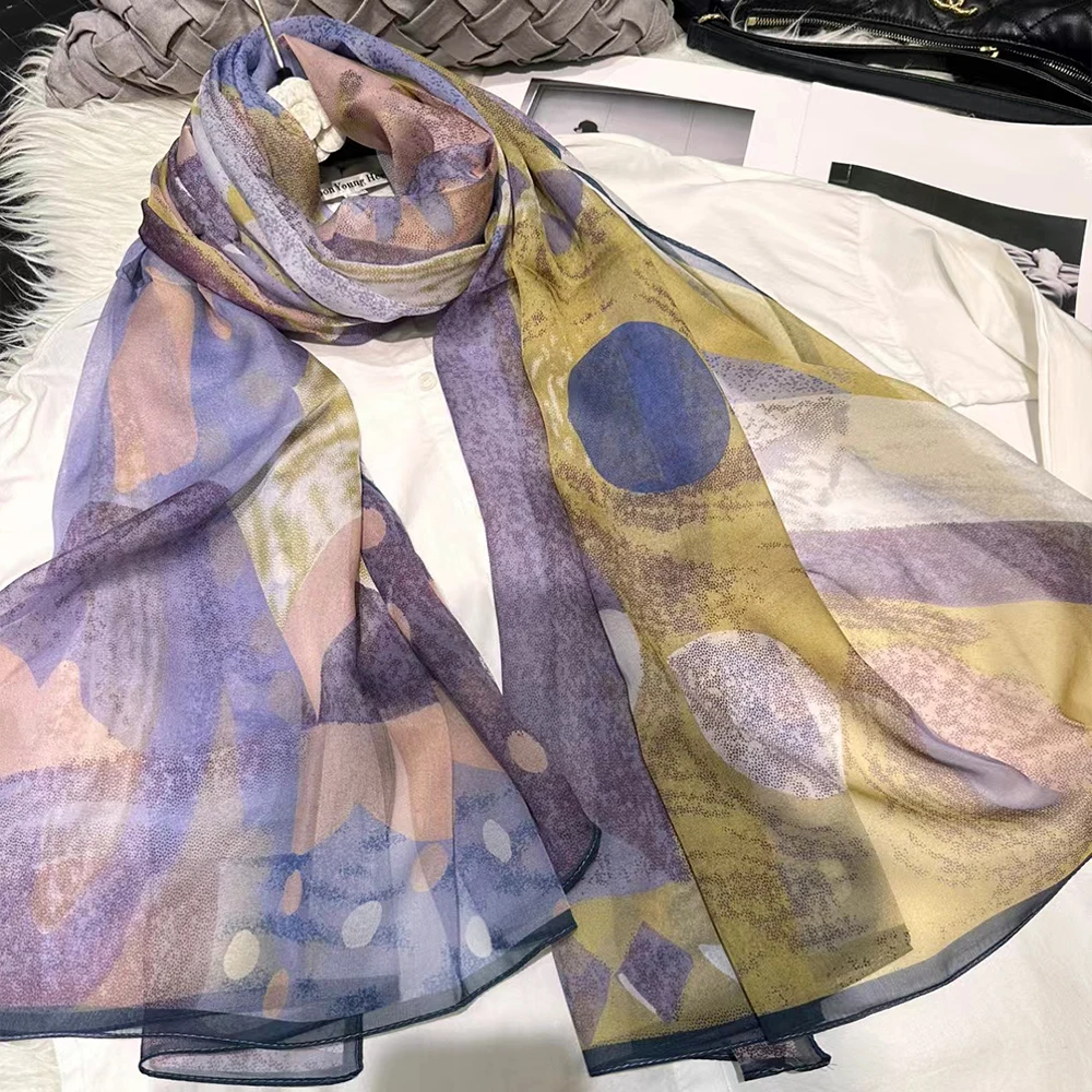 New Purple 100% Silk Shawl Scarf Printed Women Fashion Brand Long Scarves Summer Silk Chiffon Beach Scarf Wraps 180*110cm