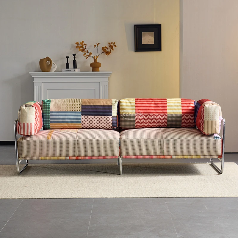 

Medieval style rainbow sofa living room straight row double triple retro dopamine fabric sofa