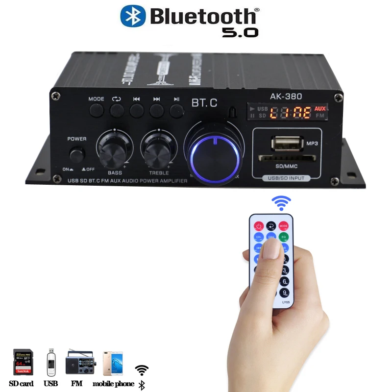 AK380 800W Home Car Amplifiers 2 Channel Bluetooth 5.0 Surround Sound FM USB Remote Control Mini HIFI Digital Amplifier Stereo