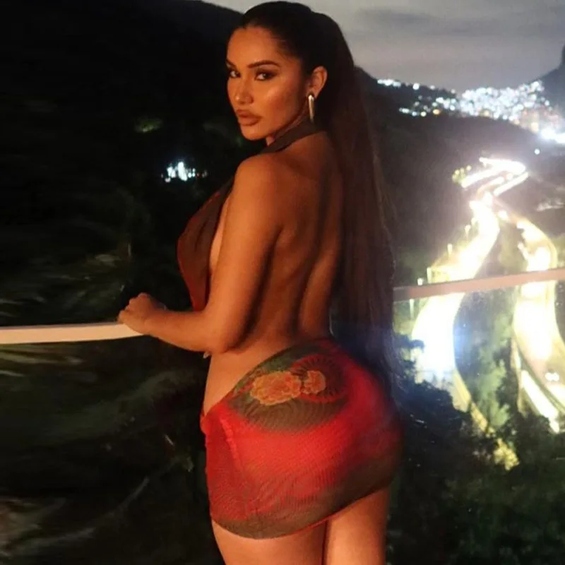 JHJN  Nightclub Party Sexy Mesh Printing Perspective Cultivate Oneself Backless Mini Skirt Strap Dress Luxury Brand