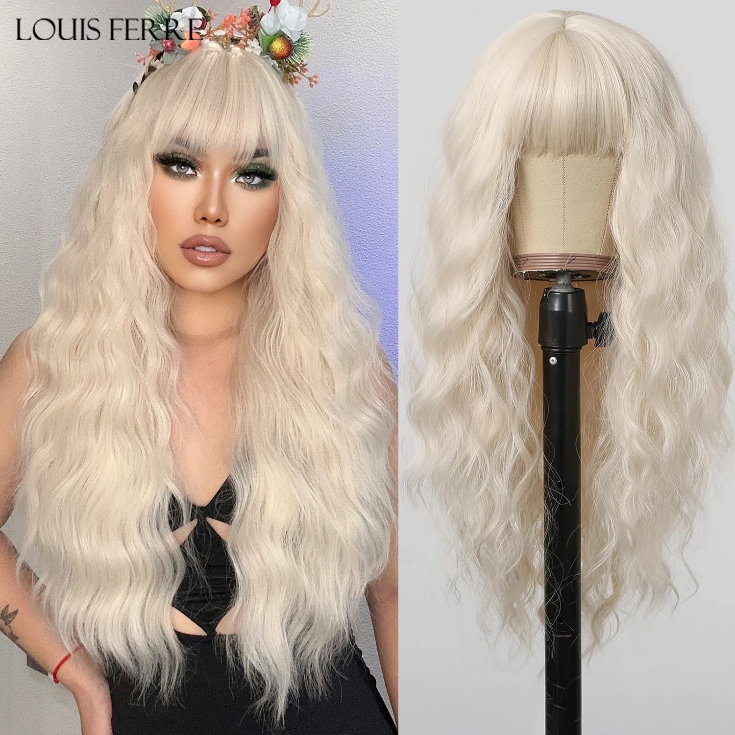 LOUIS FERRE 26 Inch Long Blonde Wig for Women Long Curly Wavy White Wigs with Bangs Heat Resistant Daily Synthetic Fibre Wig