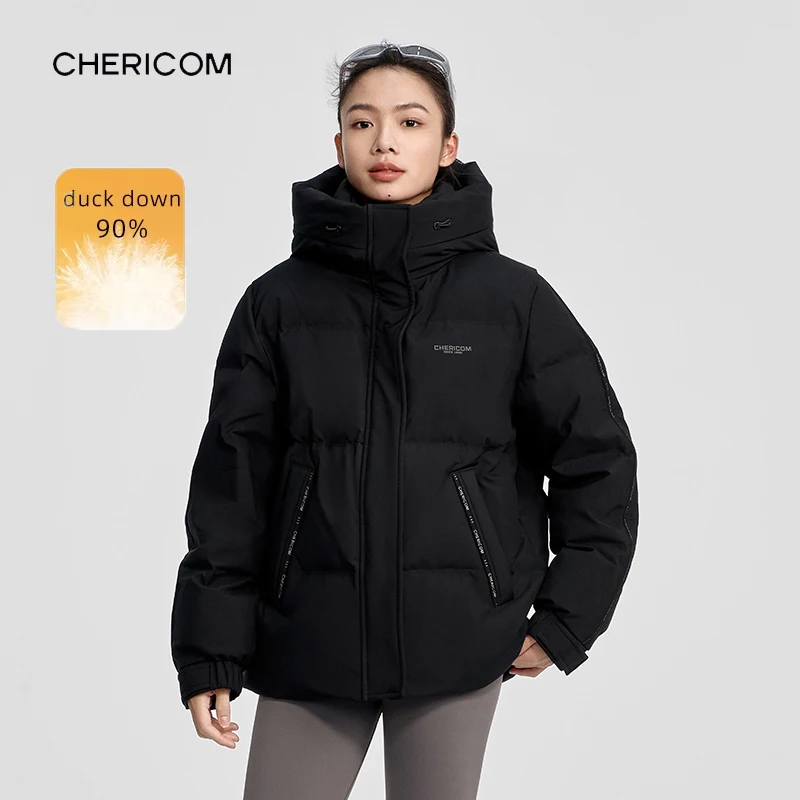 

Chericom, новая зимняя куртка-пуховик с капюшоном 90, наполнитель на утином пуху, новинка 2025 года, с карманом на молнии, женская короткая тяжелая верхняя одежда Y308125Y