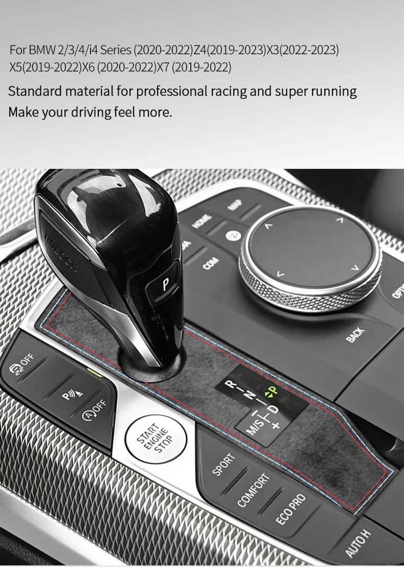 Aus Alcantara Gefertigter Schalthebel-Panelrahmen-Aufkleber für BMW G20 G22 G07 F44 I4 G29 X3 G01 X5 G05 G06, Auto-Innenausstattung Zubehör – Detail 1
