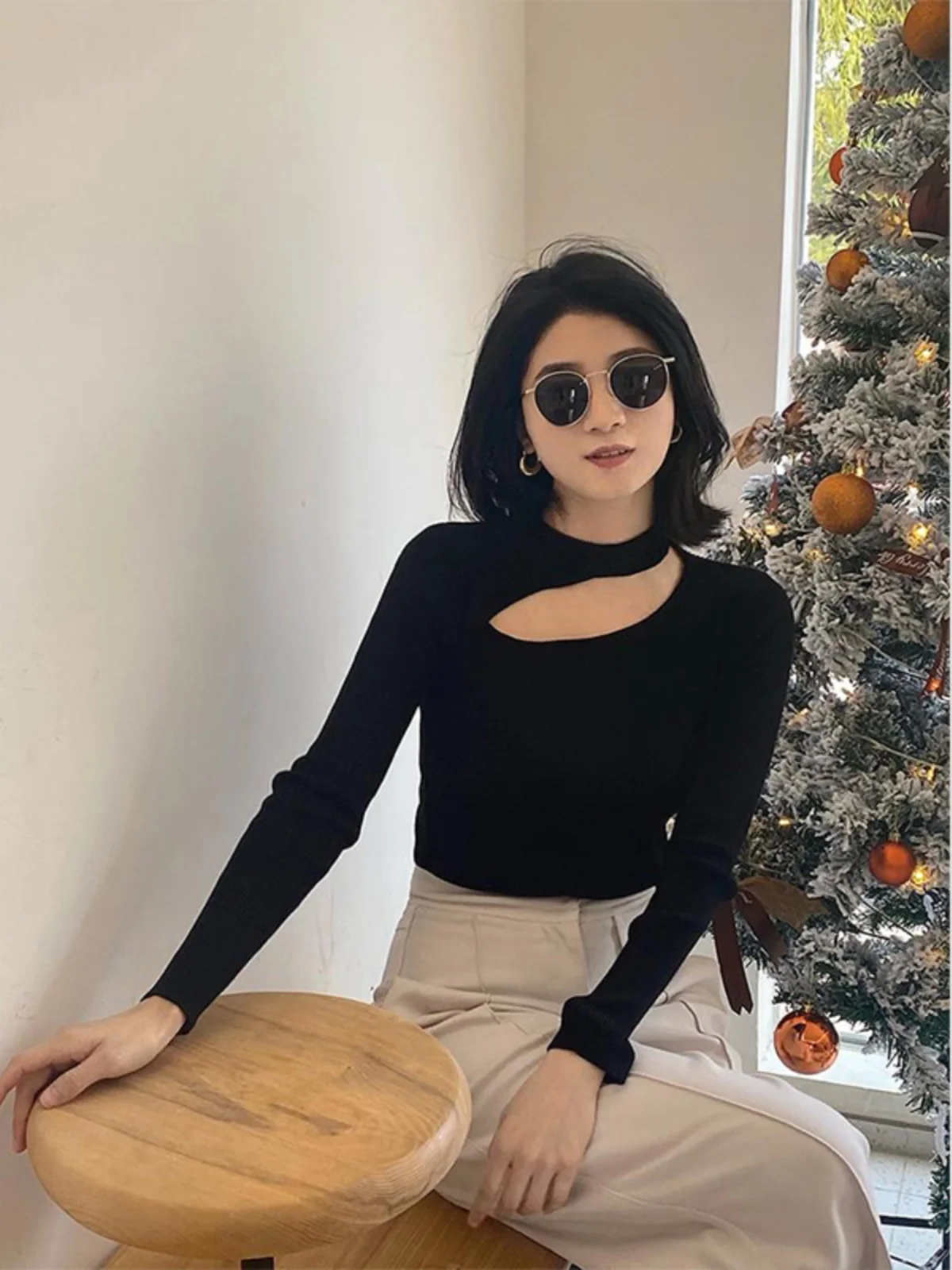 Dolce Sle Maglia da donna lunga Sve rotonda Ne Hanging Ne Top Slim Fit Base irt Maglione casual dal design scavato