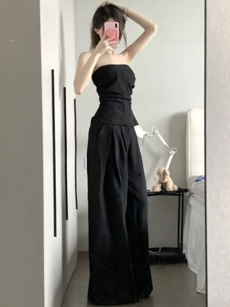 Women Sets American Hot Girls Fashion Slim Solid Black Tube Tops Off Shoulders Casual Long Wide Leg Trousers Summer Street Chic