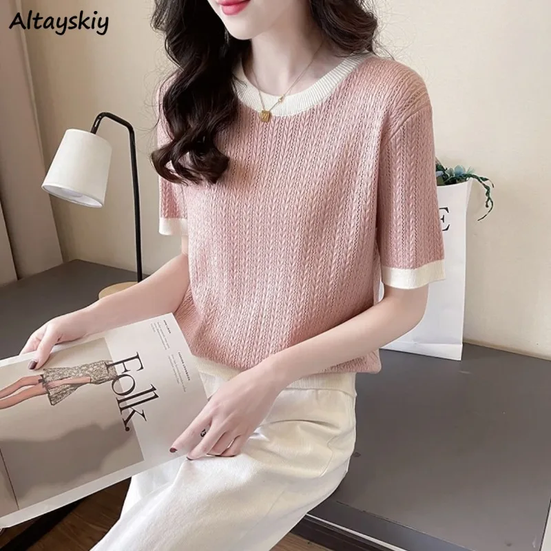 short sleeve sweaters women all-match spring fashion korean style streetwear comfortable office lady o-neck loose Thread solid