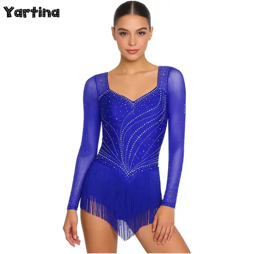 Imagen 1 del producto Body de baile latino con diamantes de imitación para mujer, traje de baile de Tango y Rumba para gimnasia, patinaje artístico, mono de leotardo con dobladillo con borlas escalonadas