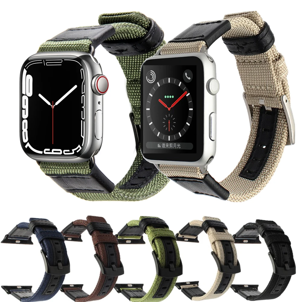 

Canvas Leather Strap For Apple Watch band 45/41mm iwatch 44/42/40/38mm Wove Nylon bracelet watchband apple watch 2 4 3 5 se 6 7