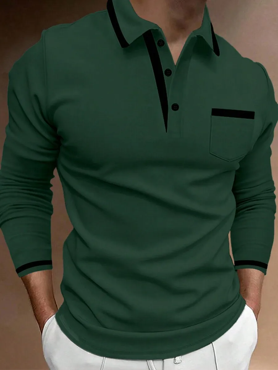 

Men's Dark Green Long Sleeve Polo Shirt with Contrast Trim and Chest Pocket