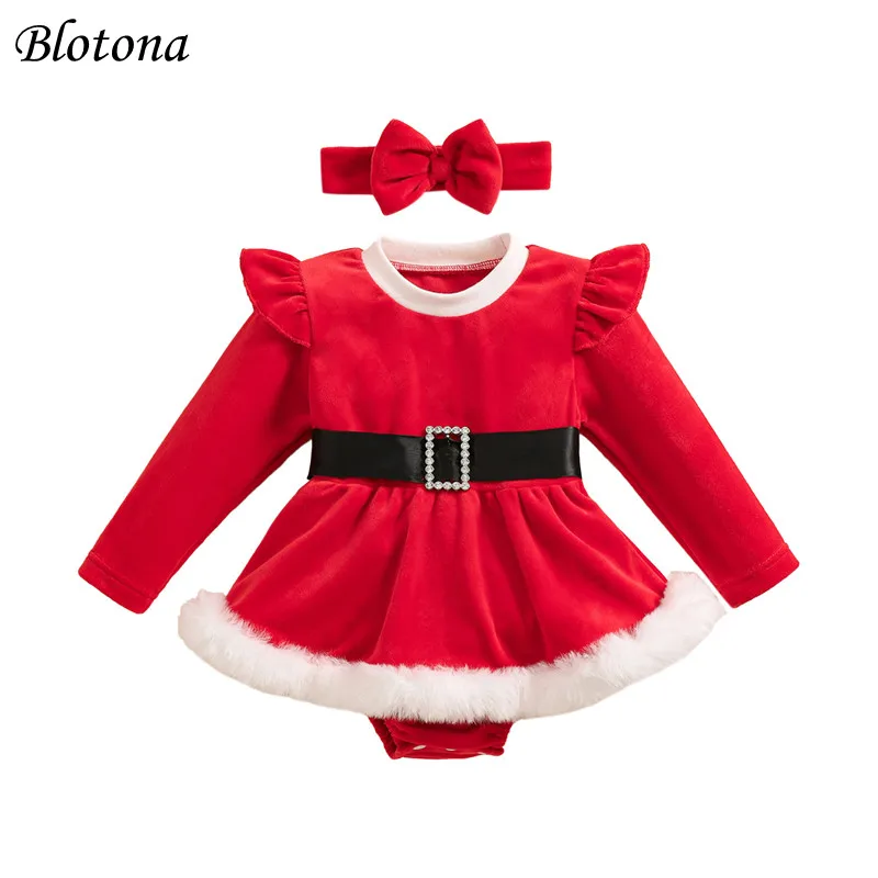 Blotona Baby Girls Christmas Outfits Long Sleeve Fur Trim Velvet Romper Dress + Headband Set Newborn XMAS Clothes 0-24Months