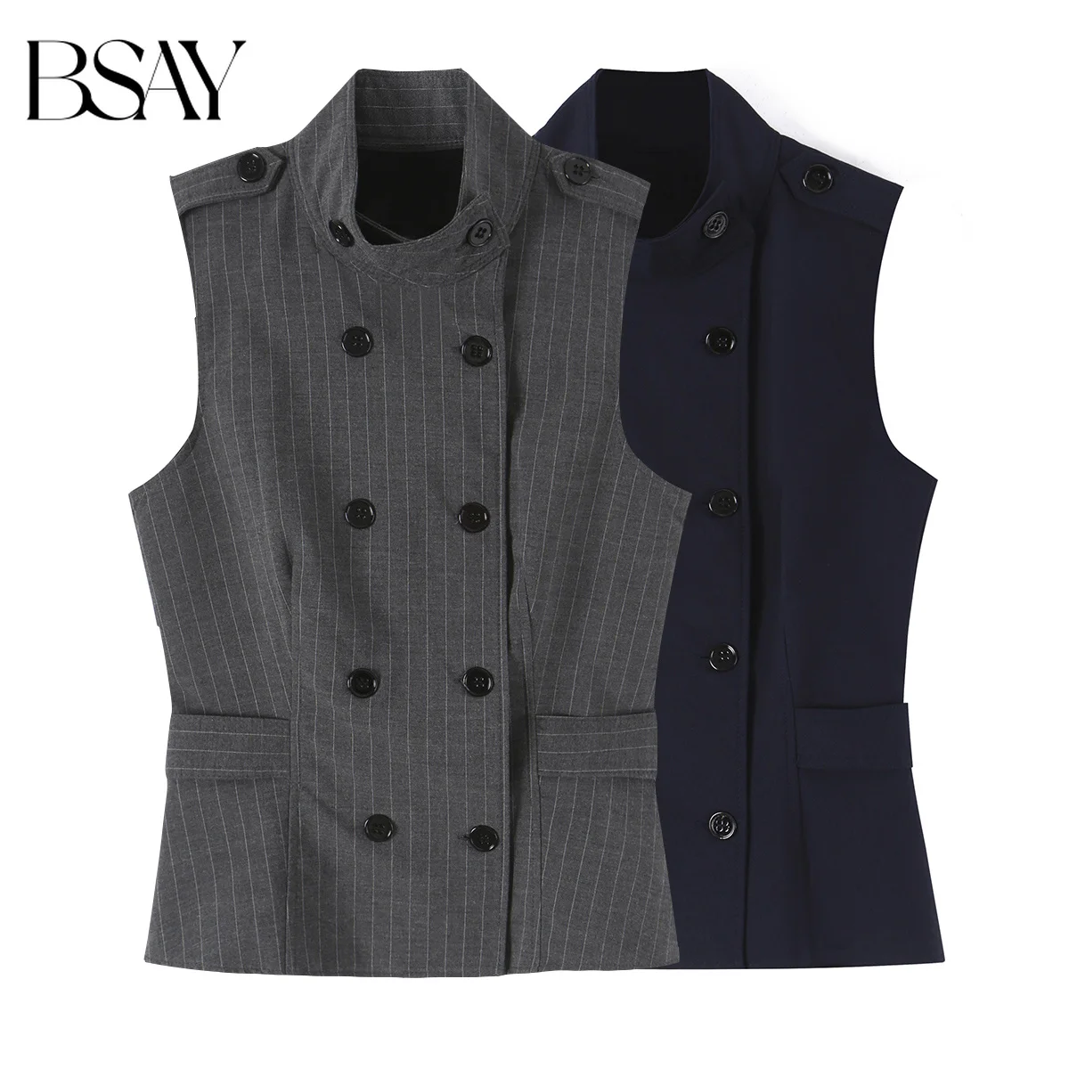 BSAY New Women Sleeveless Waistcoat Stand Collar Striped Double Breasted Vest With Epaulet Buttons Elegant Office Decorative Top