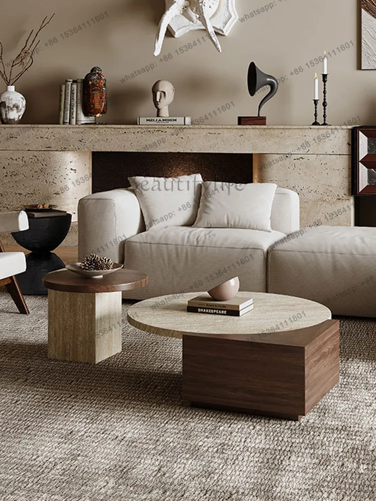 

Marble living room Italian home solid wood wabi sabi wind light luxury round coffee table