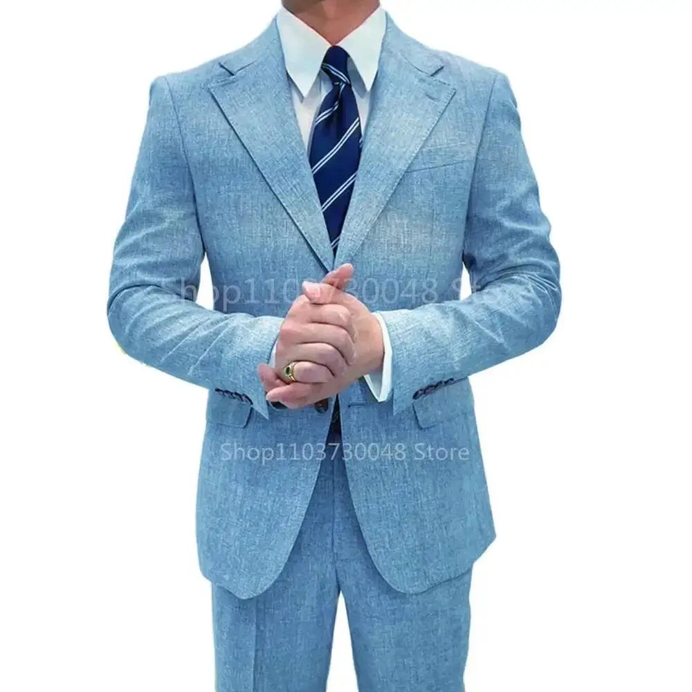 Blue Linen Men Wedding Suits Slim Fit Notched Lapel Two Buttons Jacket with Pants 2 Pieces Sets Casual Groom Tuxedos for Summer