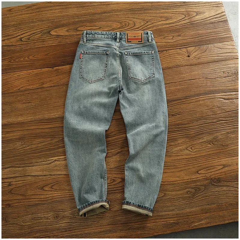 14.5OZ Retro Light retro blue red tannin Jeans Men's Ameka machine Heavy slim-fit straight pants trend