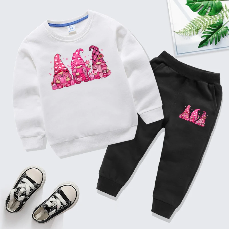 Pink Gnomes Pumpkin Coffee Print Children's Sets Fashion Cartoon Autumn Style Sweatshirt and Pants Two Pieces Sets Boys Girls