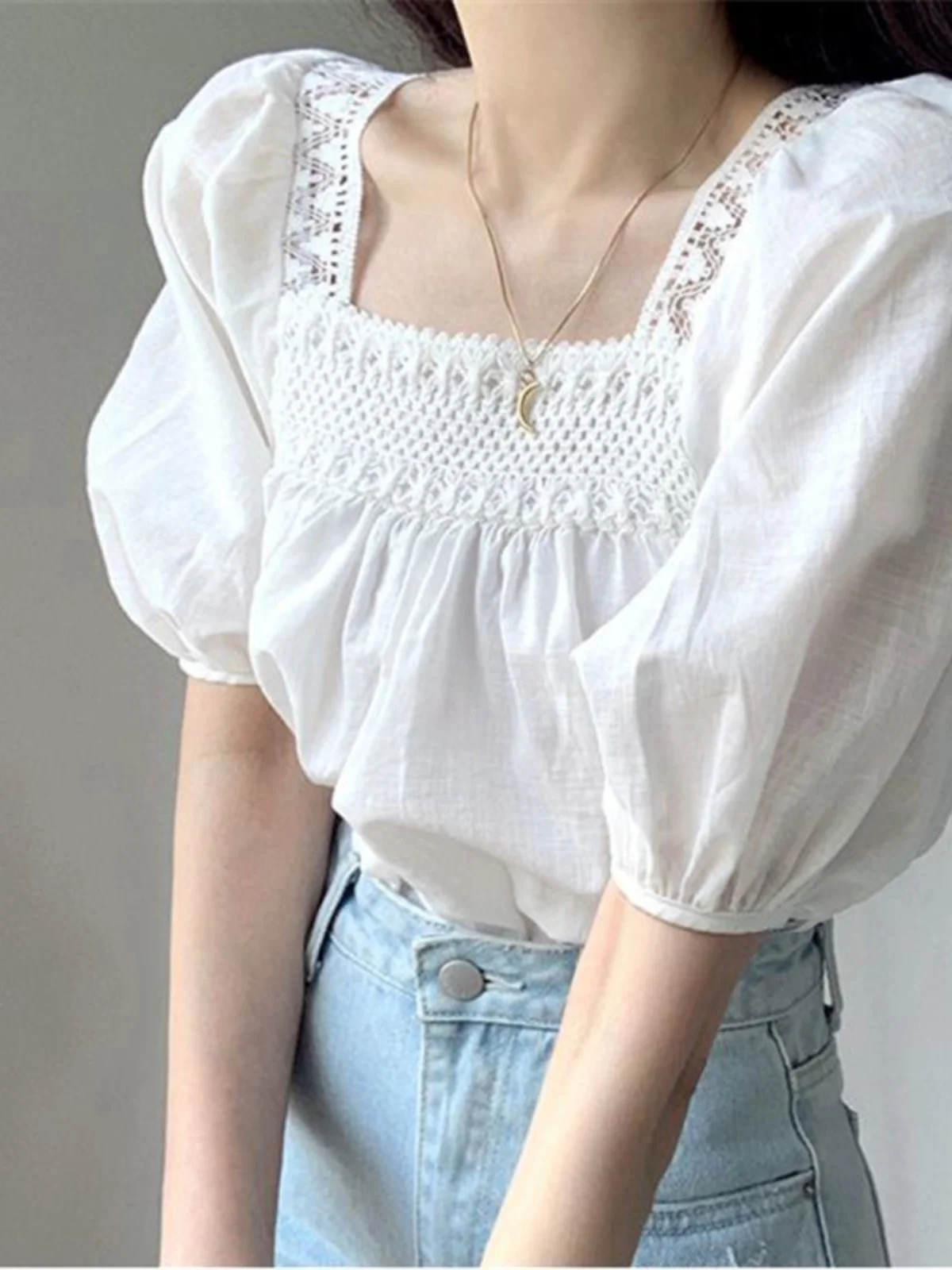 Rétro Chic dentelle garniture irt ort Sve col carré bulle ample Sve haut femmes Faionable été Blouse coréenne Sle