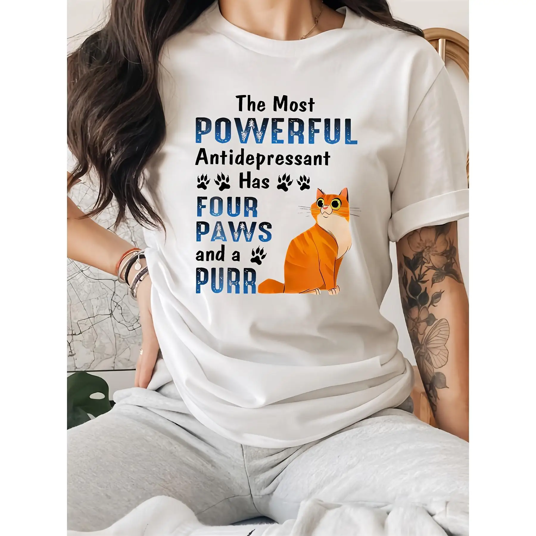 

Women's Funny Cat Lover T-Shirt | "Powerful Antidepressant" Kitty Graphic Tee | Cute Pet Mom Gift Casual Top