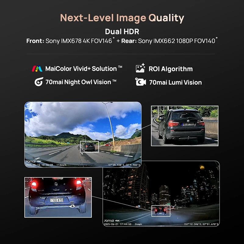 70mai Dash Cam A810S Front 4K Rear 1080P Support 4G Module GPS & ADAS Night Vision Supercapacitor Car DVR 70mai A810S