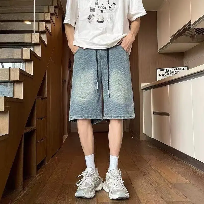 巾着ハーフマンデニムショーツだぶだぶストレートショートジーンズパンツ男性のための夏のストレッチトレンド 2025 韓国ファッション Xl ストリート