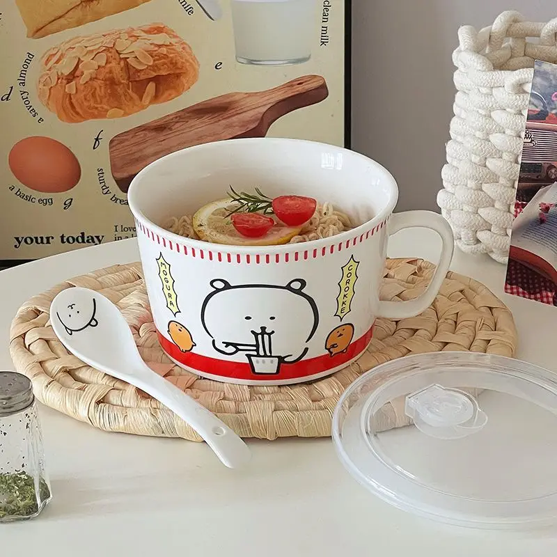 

Self-deprecating Bear Cartoon Instant Noodle Bowl,Peripheral Ceramic Instant Noodle Bowl with Handle Instant Ceramic Tableware
