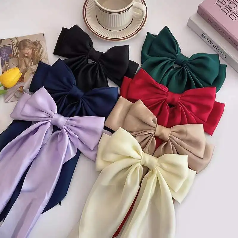 Women Bow Ribbon Hair Clip Fashion Simple Solid Satin Spring Clip Hair Pin Elegant Retro Headband Clips Girls Hair Accessories