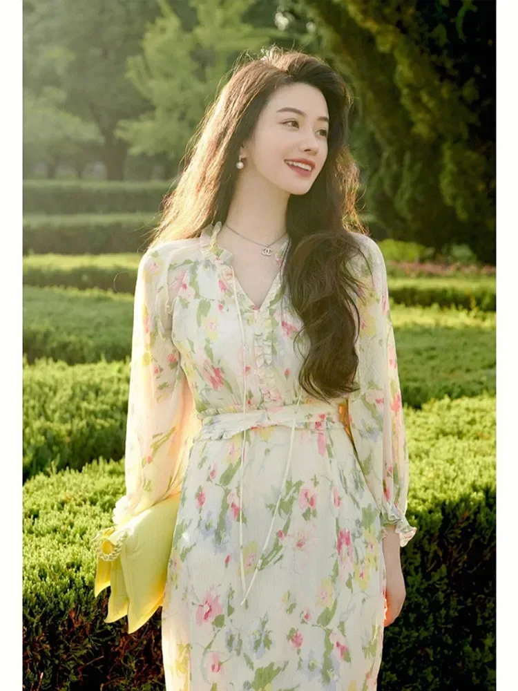 French Tea Break Temperamental Fairy Sweet Gentle Long Dress High-Grade Chiffon Floral Dress