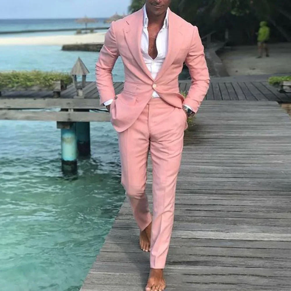 

Fashion Coat Pants Beach Men Pink Suits Notched Lapel for Wedding Ball Slim Fit Groom Tuxedos Best Men 2 Pieces(Jacket+Pant)