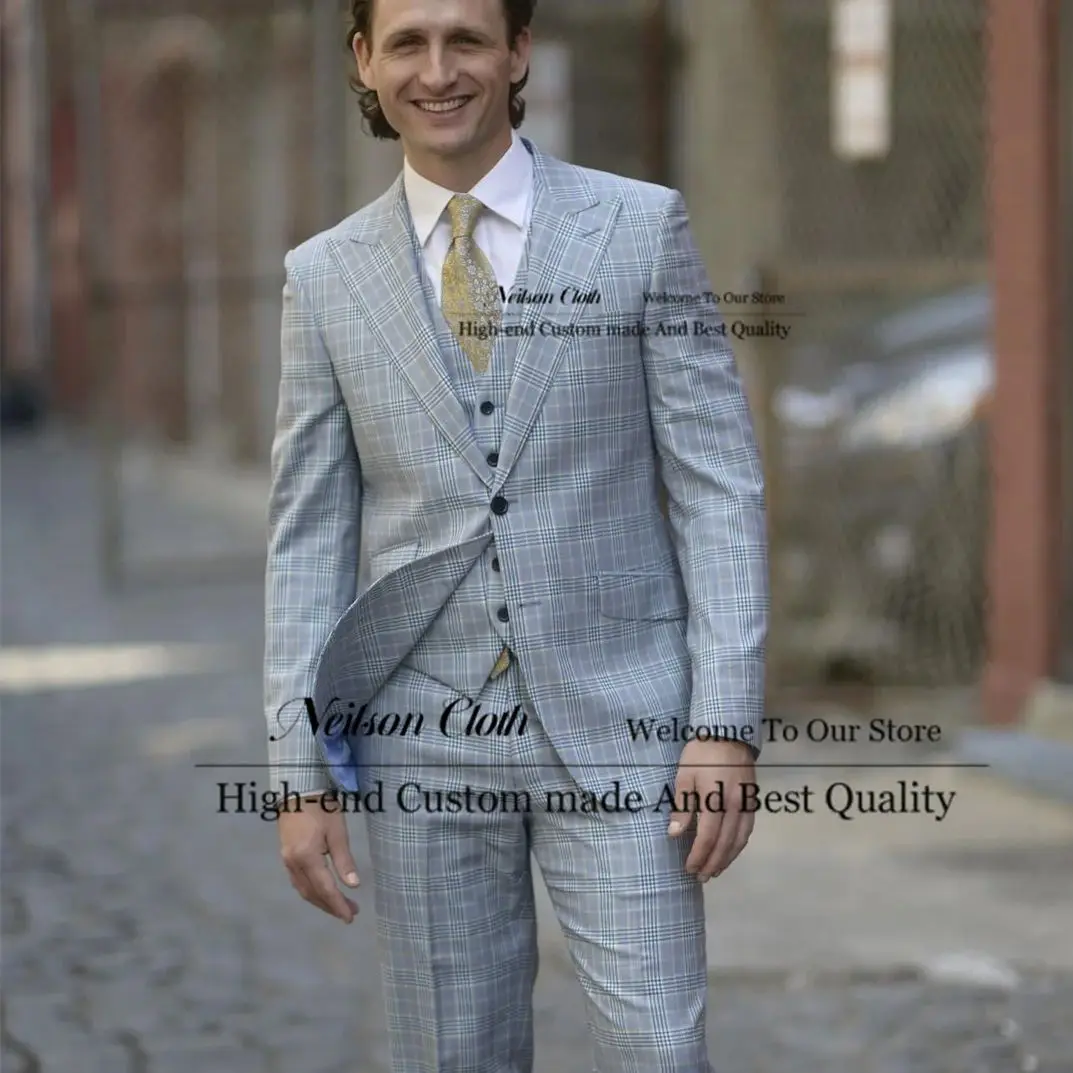 

Fashion Plaid Men Suits Peaked Lapel Male Prom Blazers 3 Pcs Sets Groom Wedding Tuxedos Slim Fit Business Terno Masculino