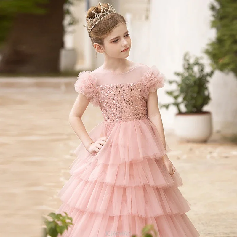 

Long Dress 2025 Pink Glitter Girls Princess Dresses Clothes Birthday Party Baby Gown Kids Costumes Children Pageant Host Tulle