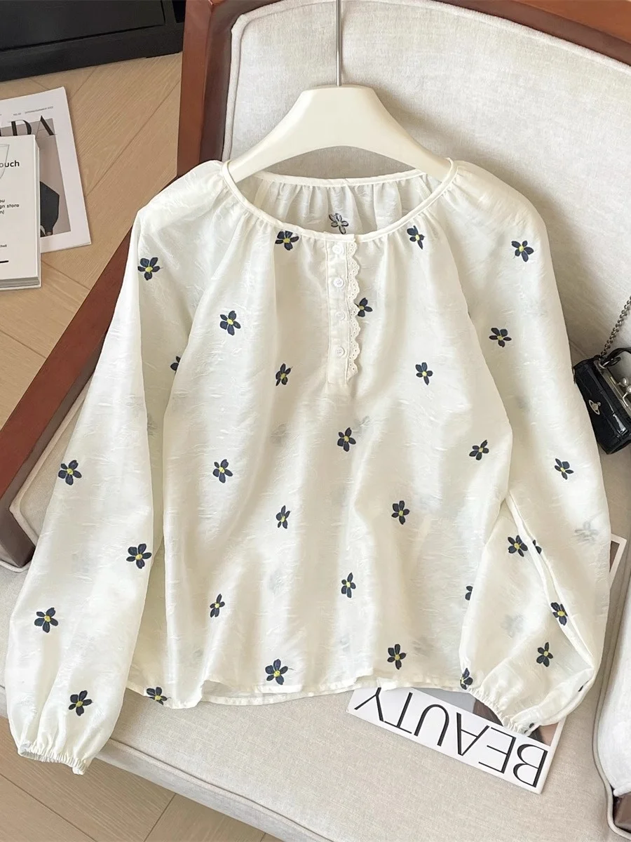 

Французская свободная блузка с длинными рукавами и цветочным принтом для женщин, весна-лето, защита от солнца, повседневная, универсальная, уникальная, стильная.