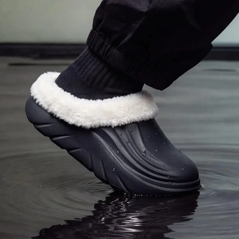 Winter Waterproof Thick Platform EVA Slippers Men Furry Short Plush Warm Outdoor Shoes Soft Bottom Anti Slip House Slippers Man
