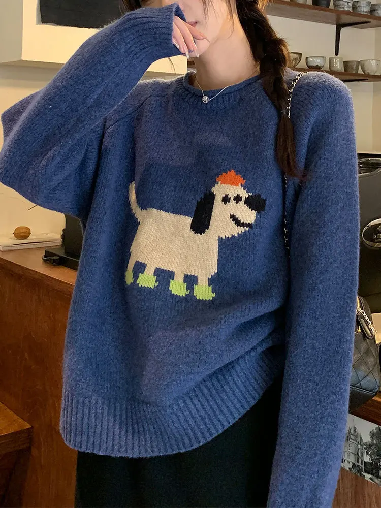 2025 nuevo suéter de mezcla Jacquard bordado de cachorro para mujer otoño lindo Casual prendas de punto de cuello redondo