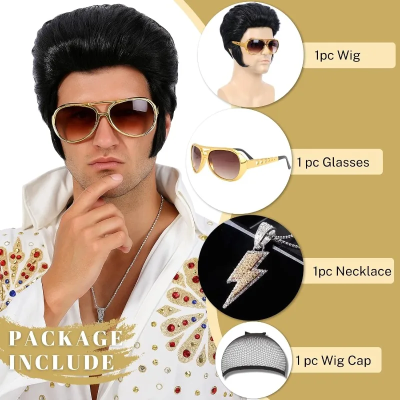 4pcs Set 50s Rock Wig with Sunglasses and Necklace for Men Singer Rocker Costume Wigs for Cosplay Halloween Party (Adults)