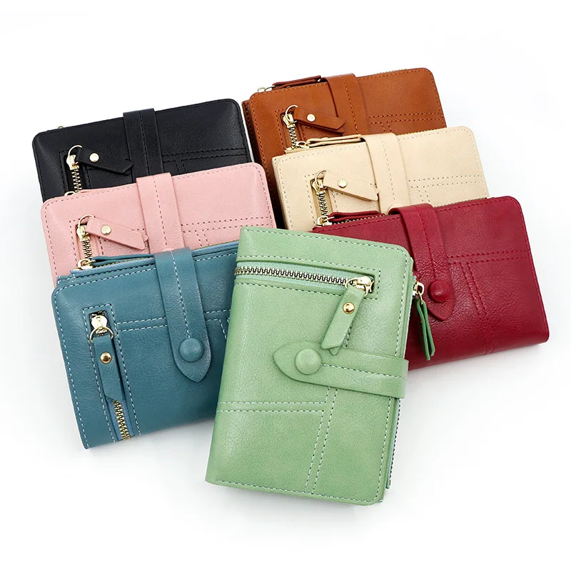 

Wallet New Button Wallet Female Solid Color Thin Ladies Wallet Card Clip Short Purse Wholesale Three Fold Coin Purse