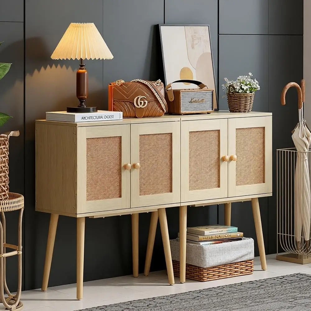 

Farmhouse Style Buffet Cabinet with Rattan Doors, Storage, Coffee Bar, Media Console for Kitchen and Living Room