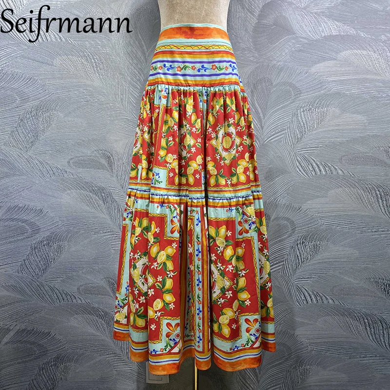 Seifrmann Fashion design women's Skirt Vintage Print Loose Waist Big Swing Cotton Skirt For Beach Vacation Style