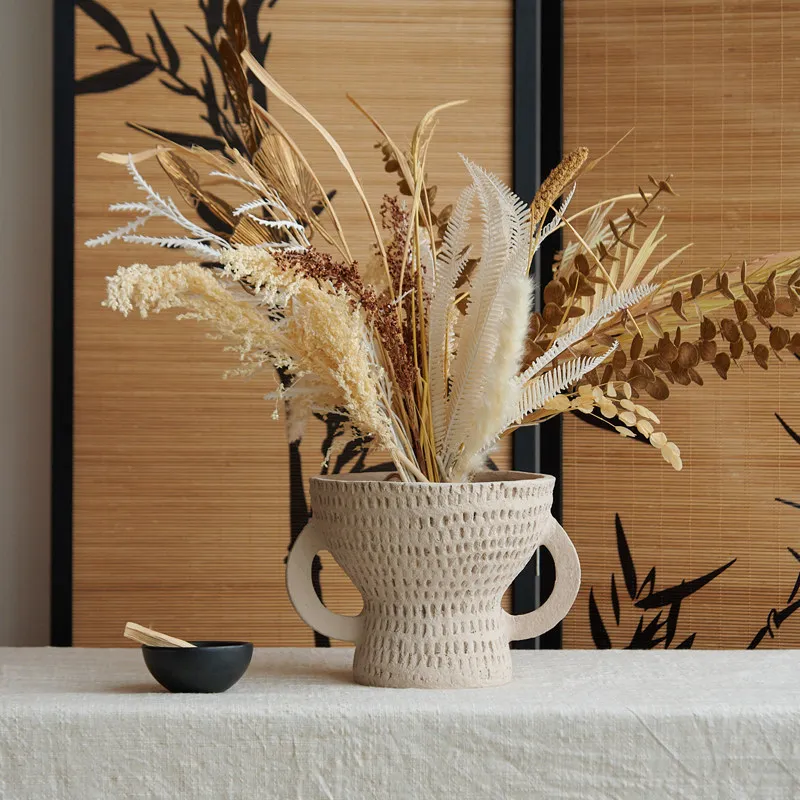 Indian handmade creative pulp vase, binaural horn-shaped honeycomb flower pattern device, home soft installation