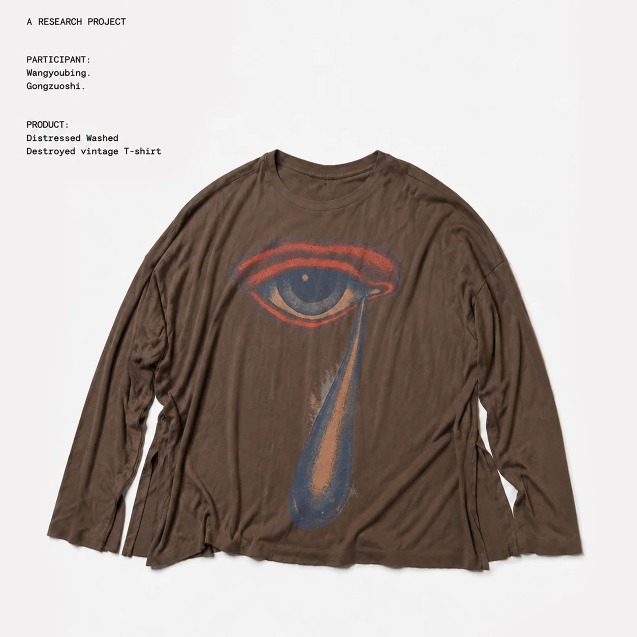 Retro Washed Long Sleeve T-Shirt Unisex Tear Eye Art Print Loose Fit Cotton Youthful Style Shoulder Pad round Neck Tee
