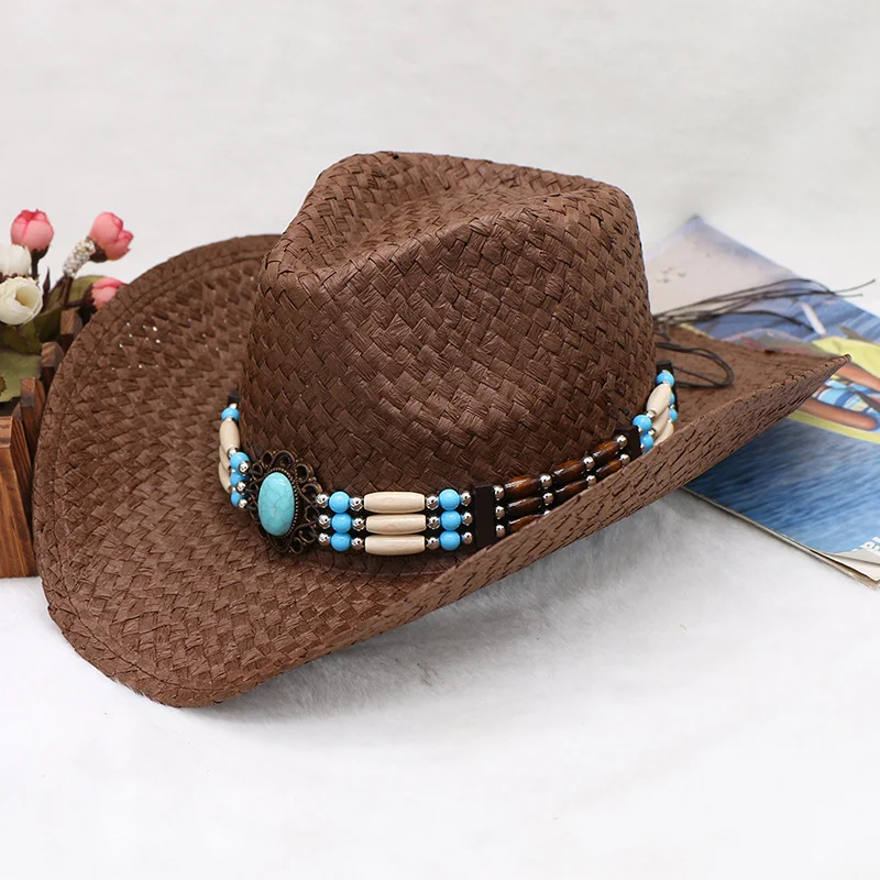 

Retro Literary Style Decorative Ethnic Hat, Cowboy Hat, Handmade Rope Hat, Wooden Bead String Hanging Ornament, Rolled Brim Hat