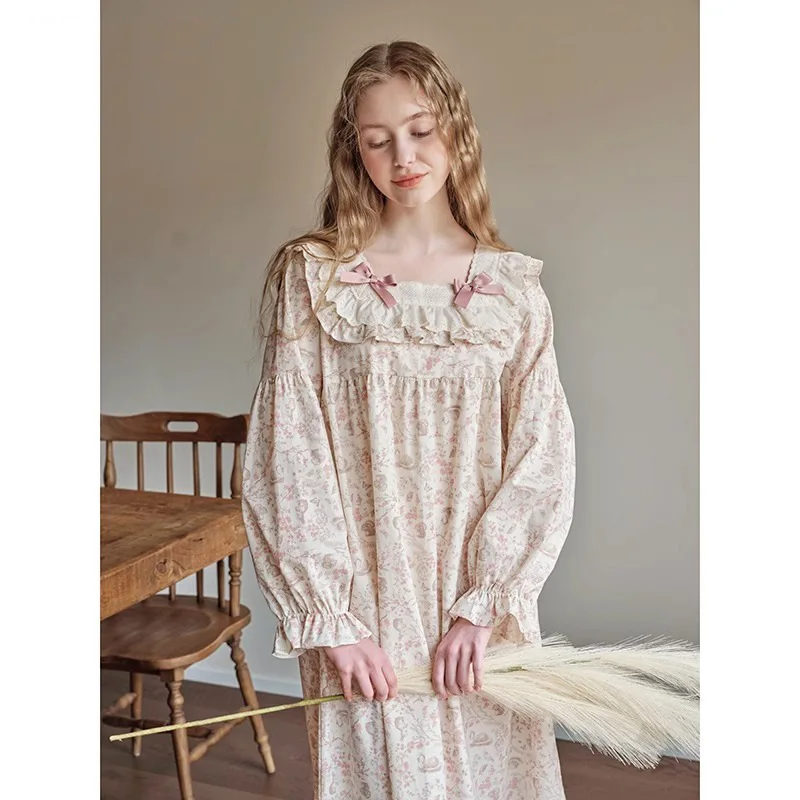 

New Spring and Fall Ladies Nightgown Cute Sweet Lace Lacy Lazy Wind Girl Students Foreign-Style Pajamas Home Wear Dresses