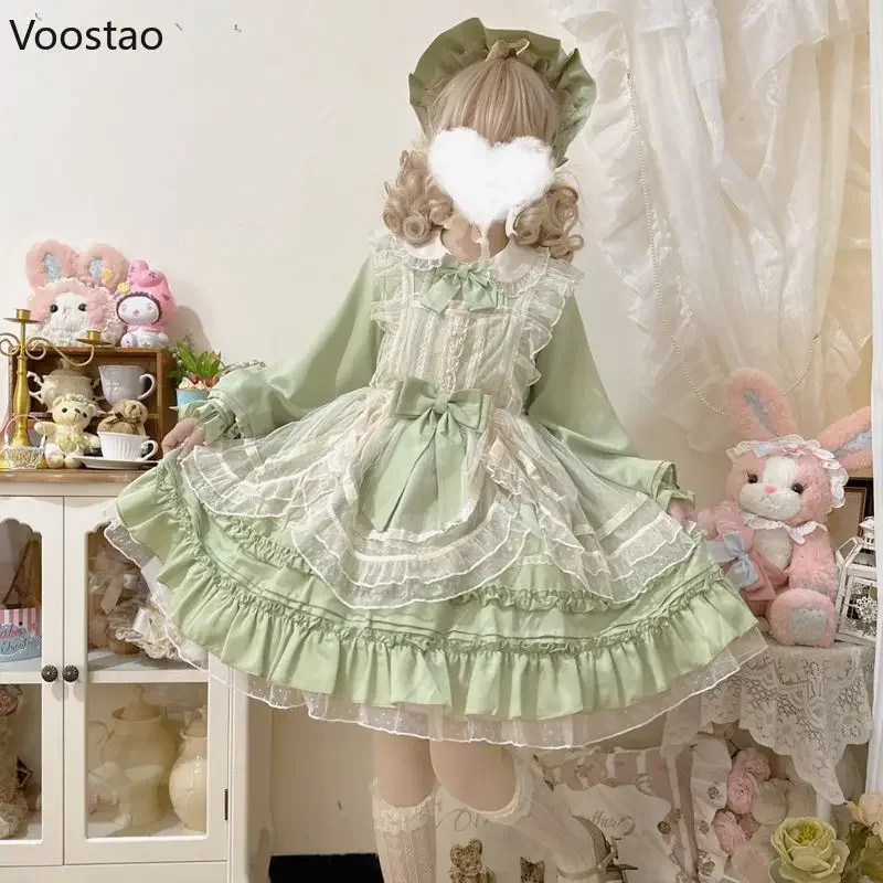 Vestido OP com laço de malha para mulheres, vestido doce princesa Lolita, vestidos verdes elegantes vintage, vestido vitoriano feminino de chá Kawaii, Harajuku