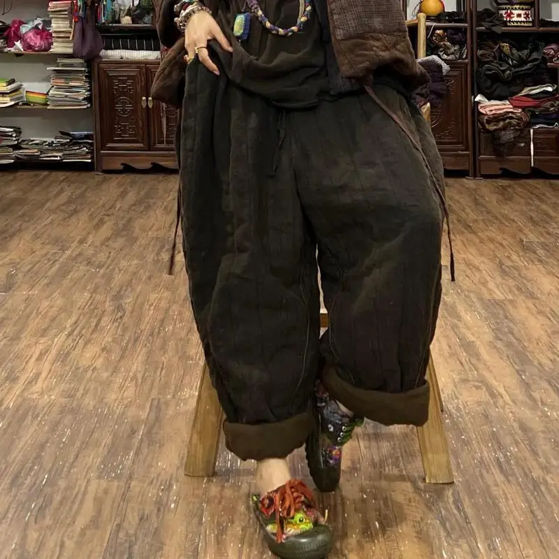 Autumn Winter New Arts Style Women Elastic Waist Loose Ankle-length Pants Thicken Warm Cotton Linen Harem Pants High Quality